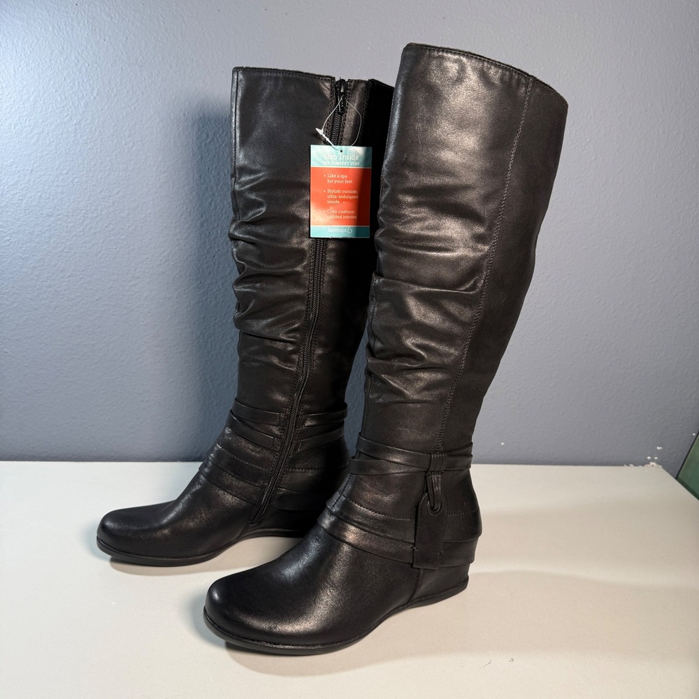 Baretraps Tall Boots Women 6.5  Black New Slouchy Wedge Faux Shearling Strappy